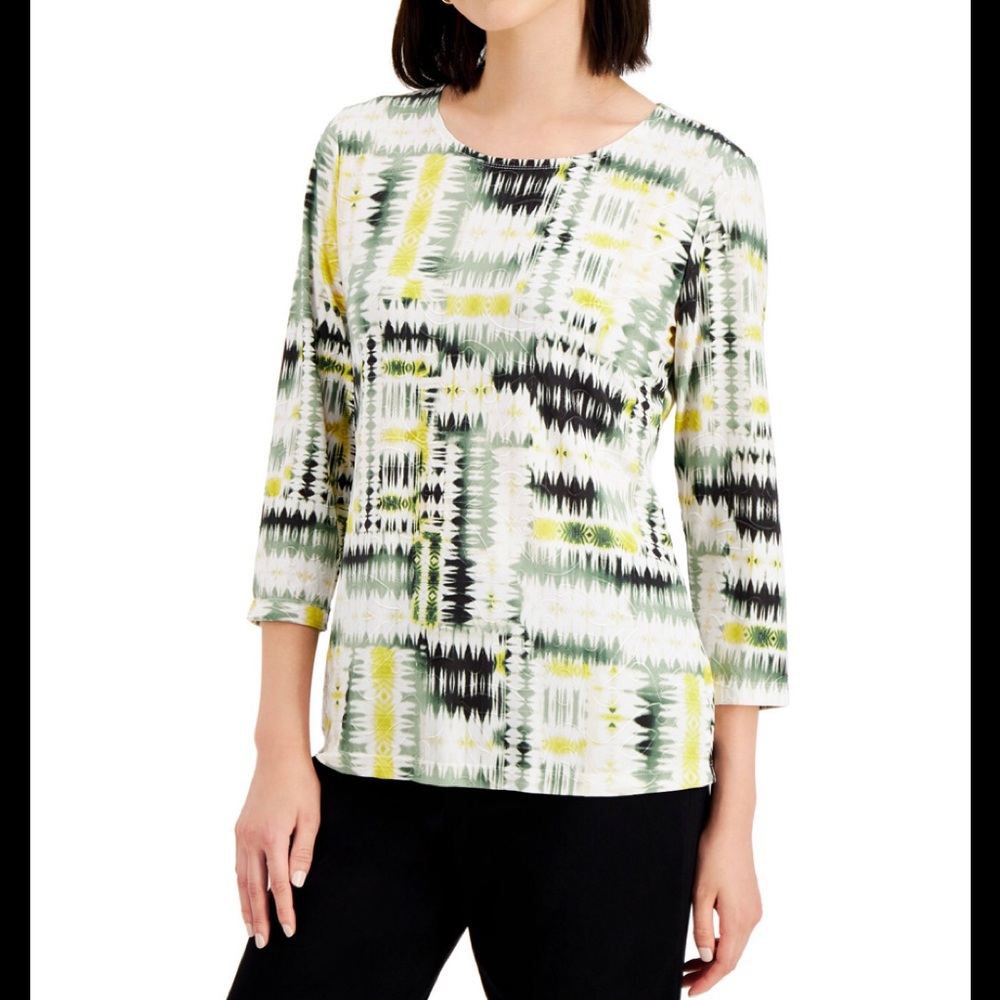 NEW, JMCollection Petite Printed Jacquard 3/4Sleeve Top
